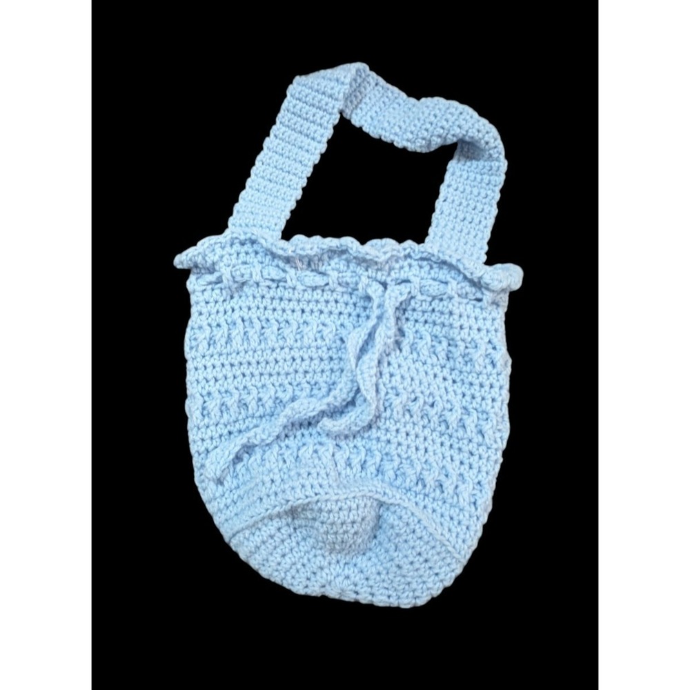 Vintage Handmade Light‎ Blue Crochet Drawstring Boho Cottagecore Mini Tote Bag